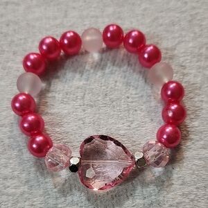 Handmade Pink Beaded Bracelet With Pink Glass Crystal Heart
